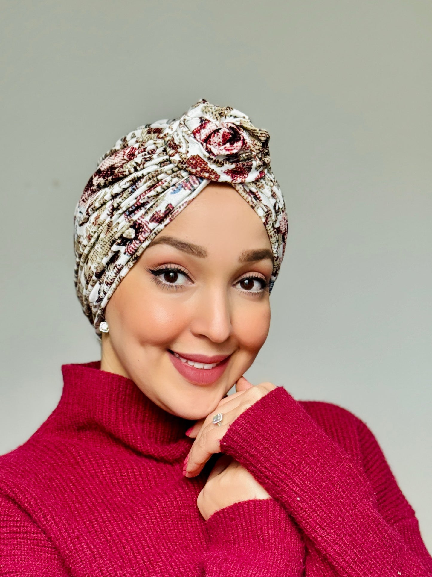 Turban Floral Taupe Bordeaux